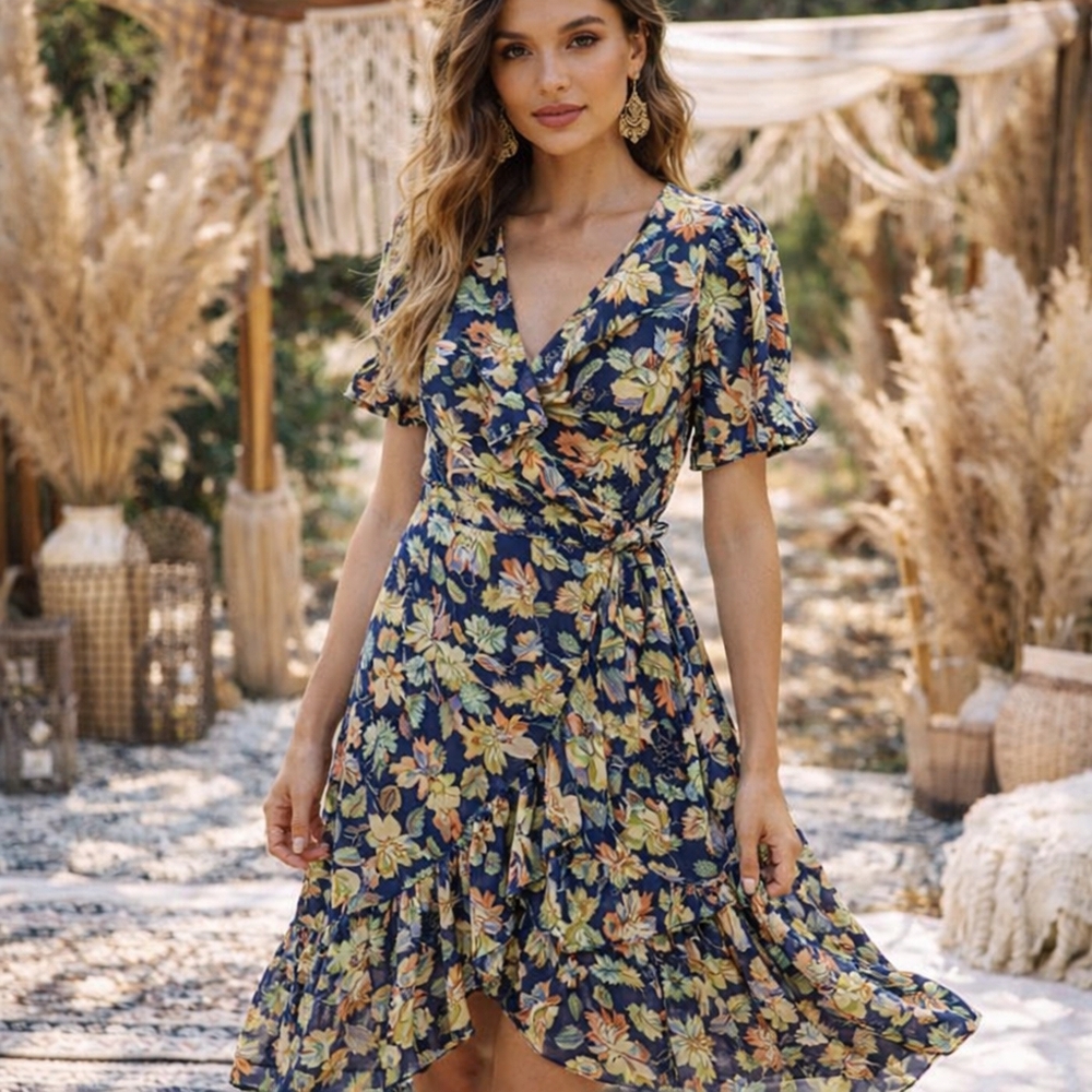 Buffalo David Bitton Floral Wrap Dress Cotton Blend Navy Boho Ruffle Midi Dress